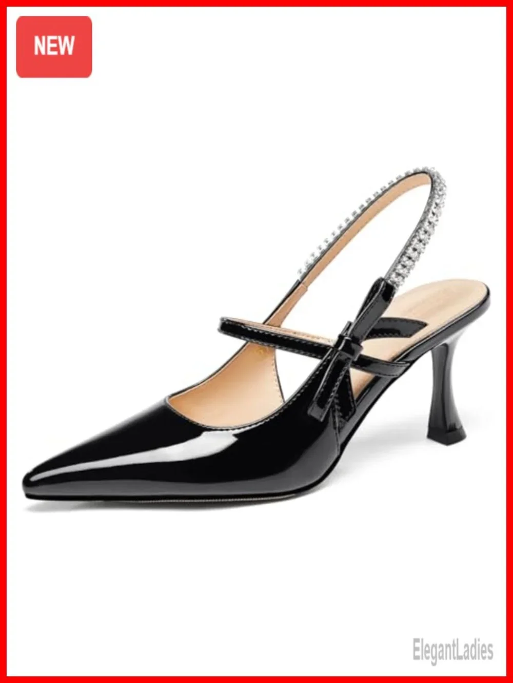 Slingback Kitten Heels Mary Jane Shoes Bow Crystal Closed Pointed Toe Pumps